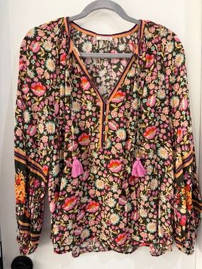 Spell Floral Tassel Peasant Blouse - Pink on Black